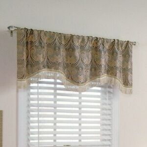 Set of 2 NWT Allen + Roth Raja Jacquard Fringed Pole Top Valances Steel 54 x 16”